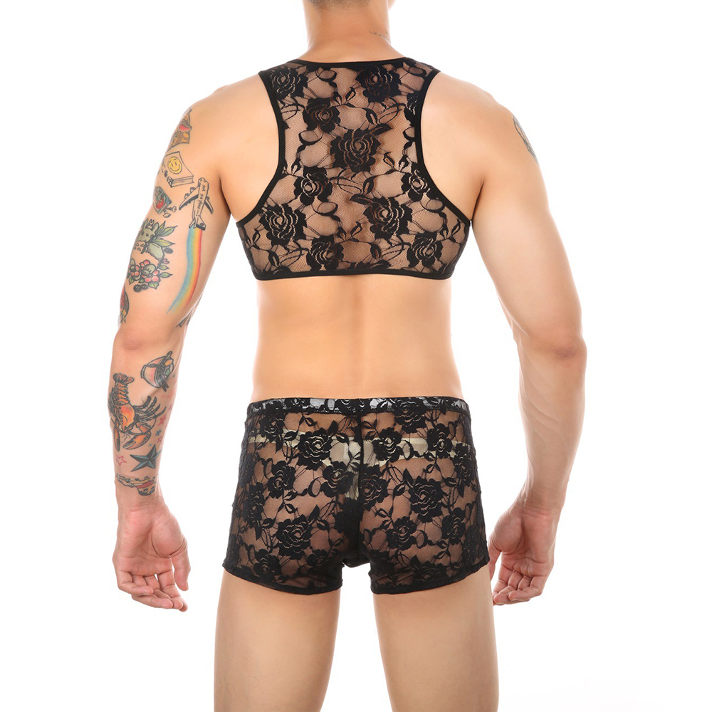 Hommes sous-vêtements set gay vêtements de soutien-gorge short top shorts sissy lingerie sexy en dentelle enveloppe et boxeurs voir à travers un ensemble transparent