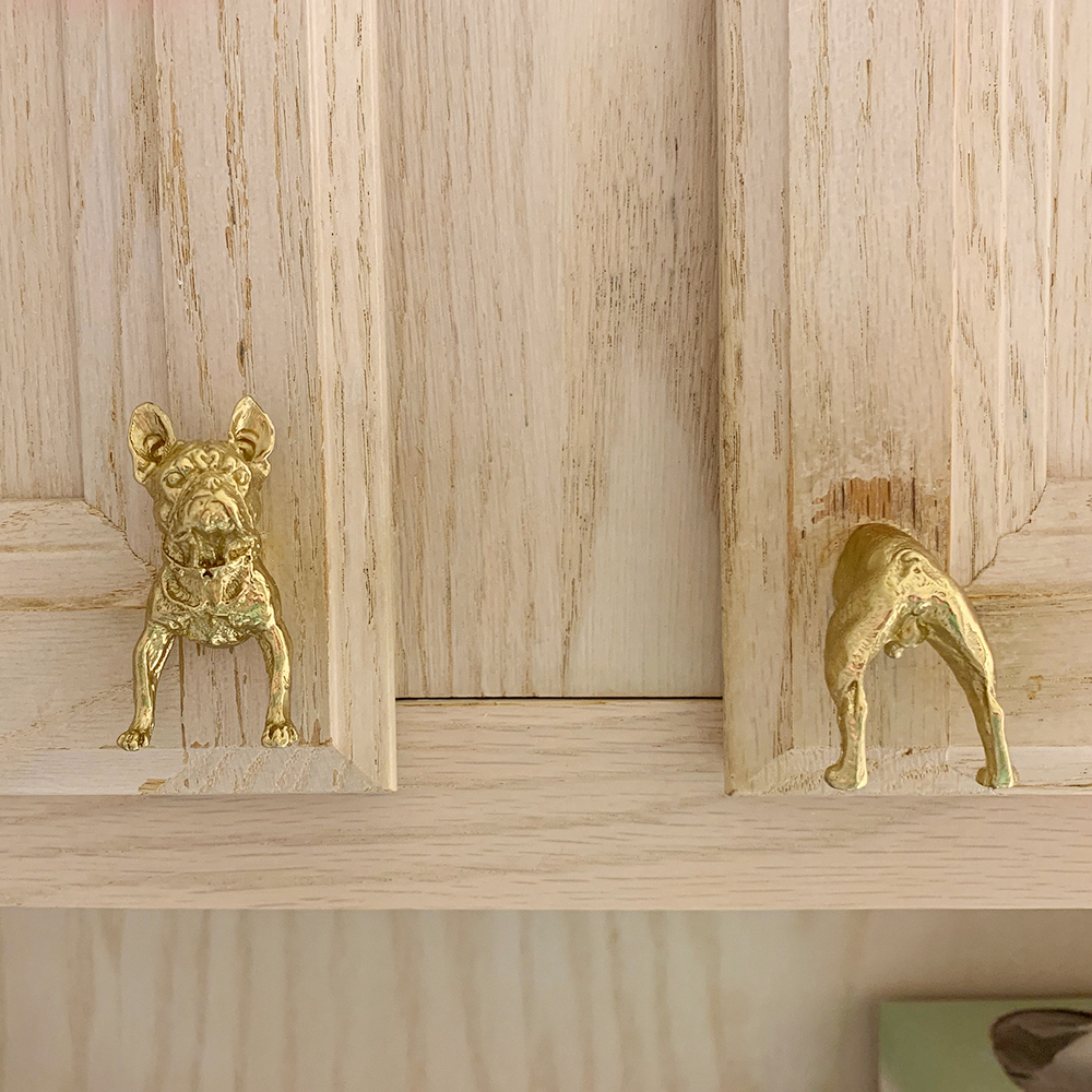 Mässing Dog Head Cabinet Door Knobs Gold Dog Tail Drawer drar Kökhandtag Nightstand Draws Home Decor Dresser Knobs Hardware