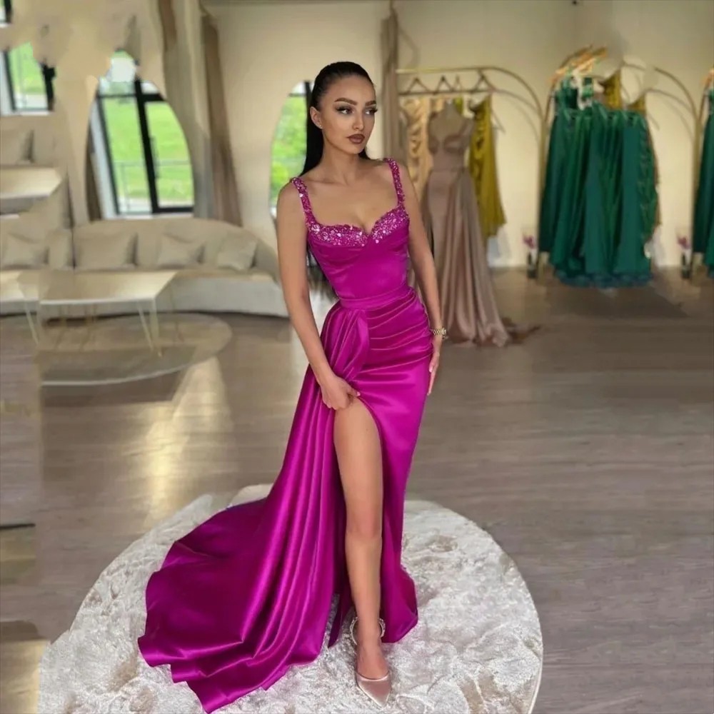 Aso Ebi Fuchsia Satin Mermaid Prom Dresses pailletten kralen spaghetti riemen formele feestjurken sexy dij split peplum vrouwen tweede receptie avondjurk cl3478