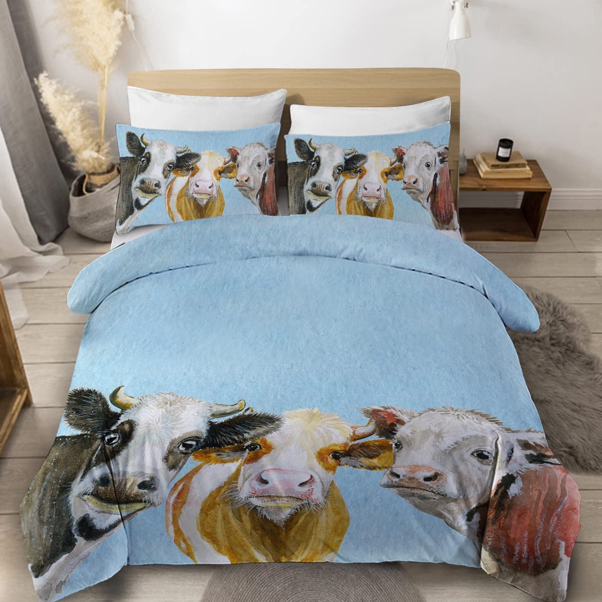 Farmer Cow Print Duvet Cover Set Oil Painting Cow Bedding Set Vintage Animals Dog Pig Chicken Printed Comforter Cover Full Size
