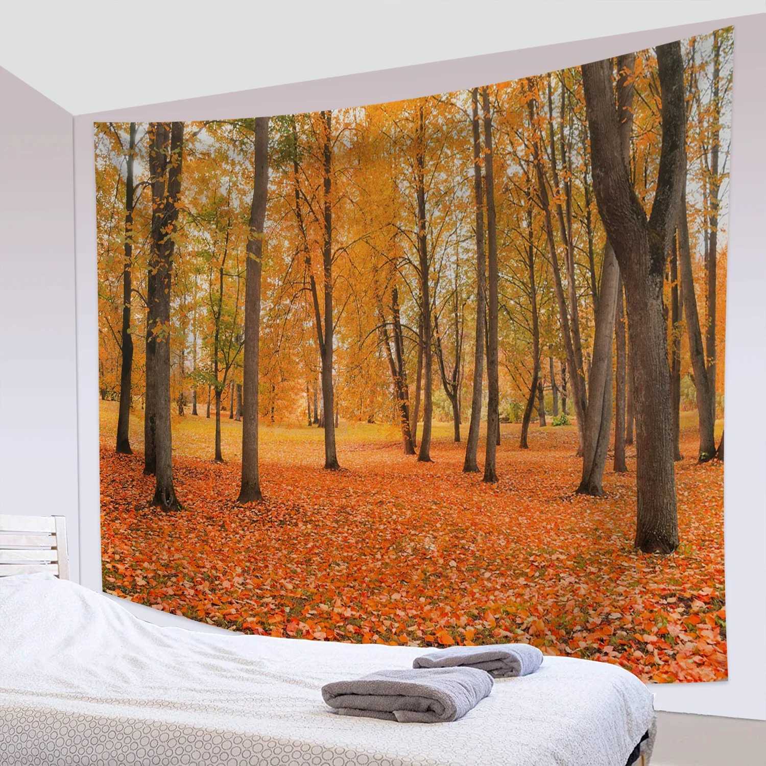 A taquestres Florest Pathway Mountain Tapestry Sunset Autumn Fellen Folhas penduradas Arte Nature paisagem Tapestry decoração da sala de estar quarto R0411