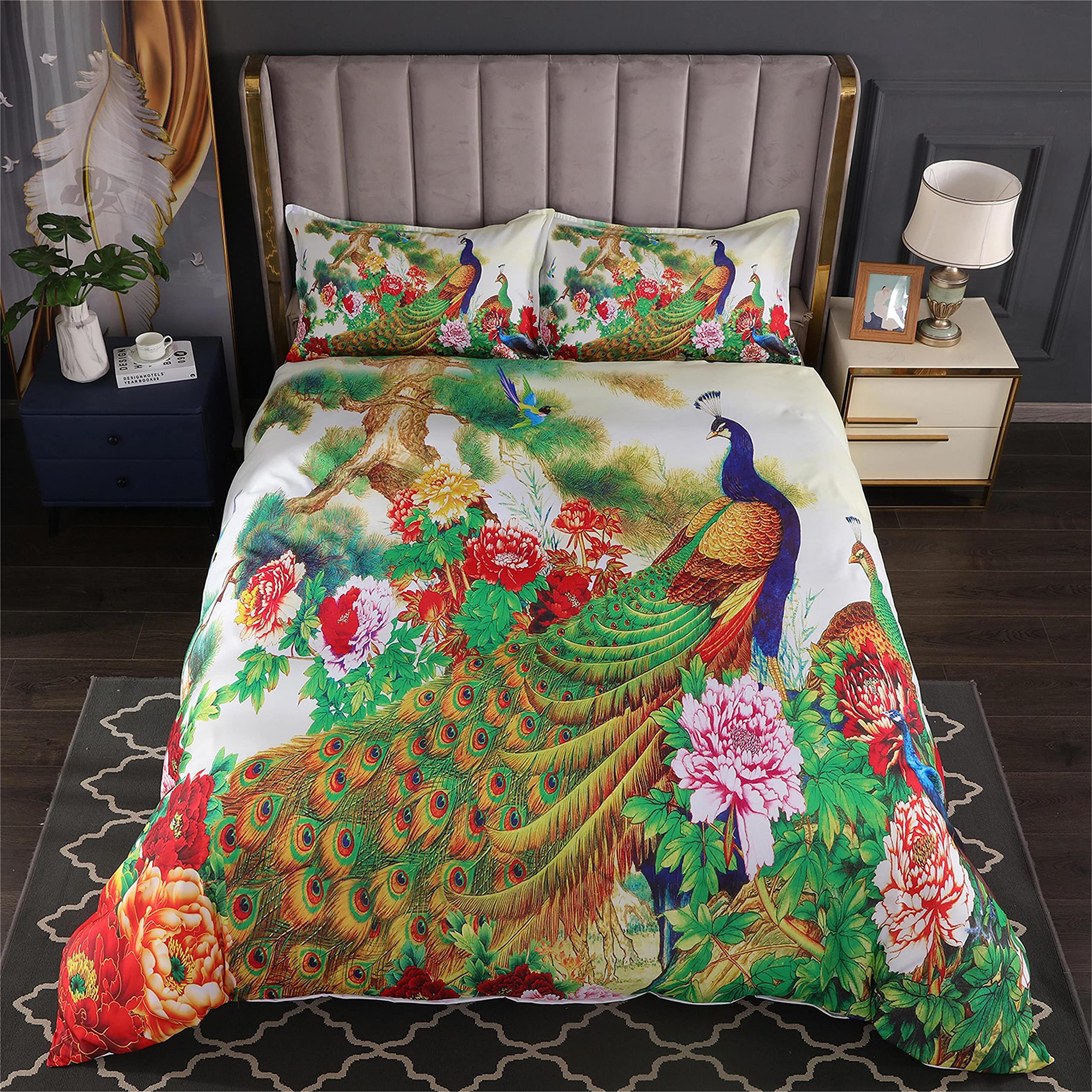 Påfågel duvet täckning set king size blommor mönster sängkläder set retro påfågel fjäder blommig tema tröskel täckning lyx täcke set