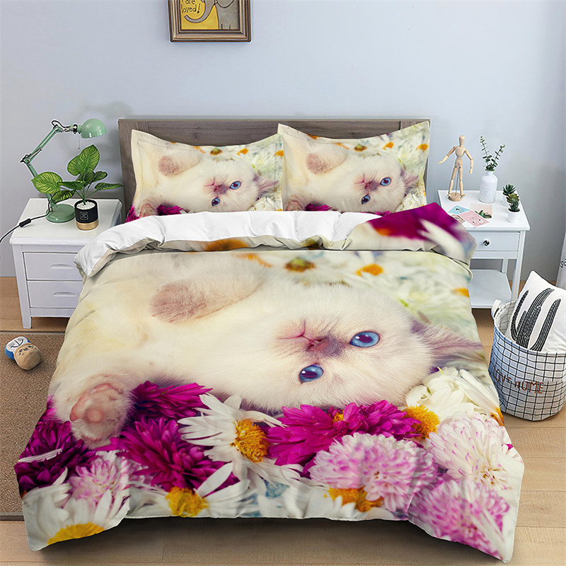 3D Cat Print Duvet Cover Floral Bedding Set Twin Full For Kids Girls Boys Room Decor Luxury Microfiber Funny Animal Quilt Cover