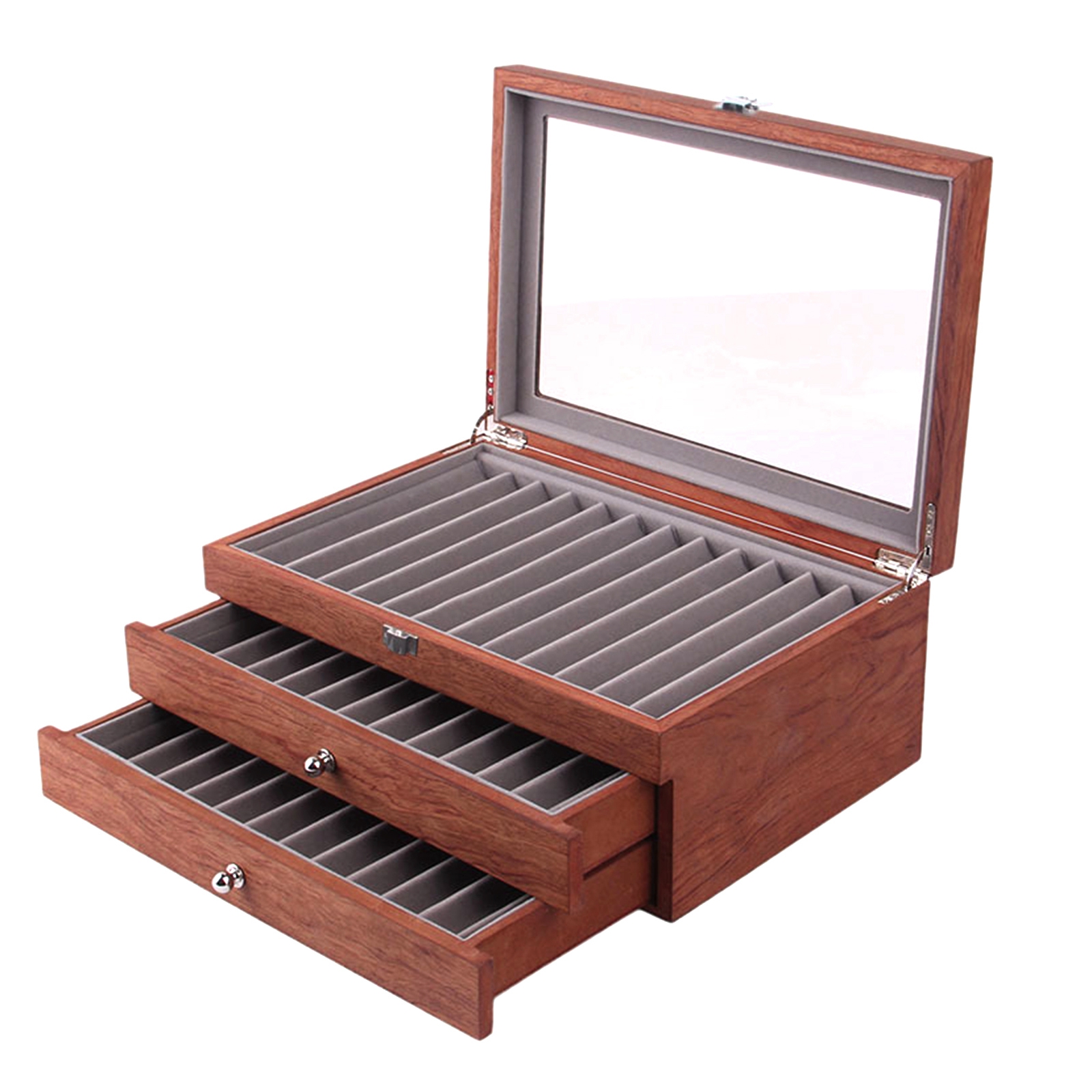 Collezionista di penna a piana in legno con una scatola di visualizzazione a penna a 3 strati 34 Penizzatore a penna Penne Visualizzazione Organizzatore di stoccaggio con vetro