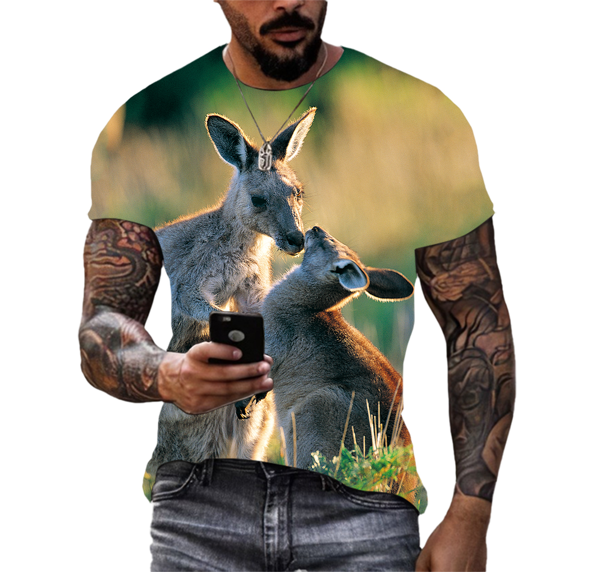 Austrália fofa de canguru fotos casuais camisetas homens hd 3d tampa de impressão Hip Hop Harajuku Personalidade redonda pescoço de manga curta Top de manga curta