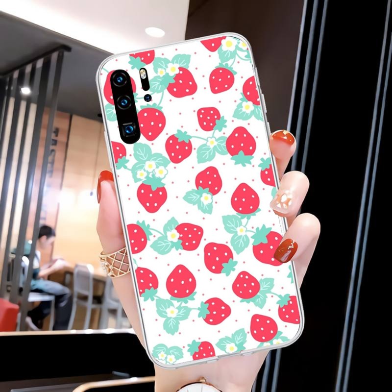 Cute Strawberry Flowers Phone Case For Huawei P50 P40 P30 Pro Mate 40 30 Pro Nova 8 8i Y7P Honor Transparent Phone Cover