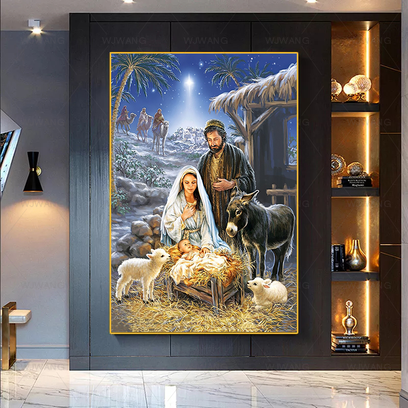 Christian Natity Manger Scene Poster Canvas Stampe Gesù Birth Wall Art Painting Immagini Decorativo Decorativo Decorazioni la casa