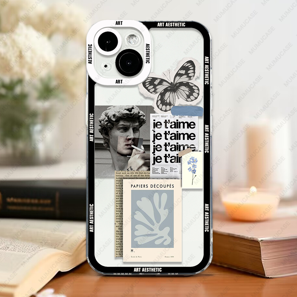 Étui pour iPhone 15 14 13 12 11 Mini Pro Max XS XR SE 7 8 Plus Cover Transparent Aesthetic David Mona Lisa