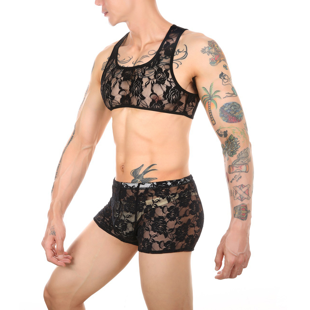 Hommes sous-vêtements set gay vêtements de soutien-gorge short top shorts sissy lingerie sexy en dentelle enveloppe et boxeurs voir à travers un ensemble transparent