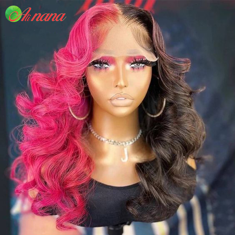 Half Pink Half Red Body Wave Lace Front Wigs For Women Pre-Plucked Red Pink Lace Frontal Human Hair Wigs 6x6 Lace Closure Wig