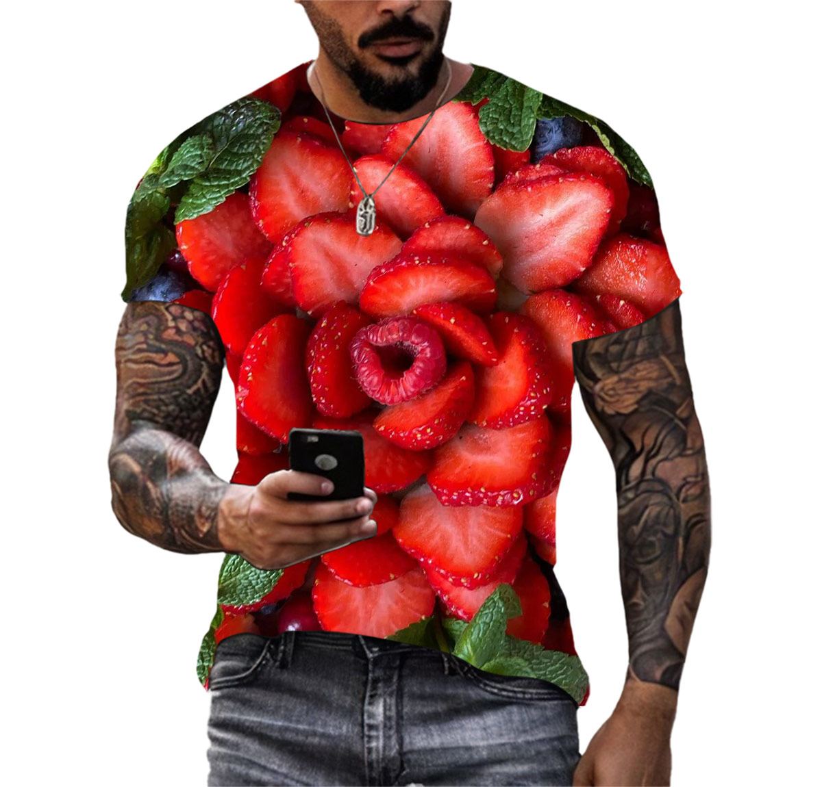 Camiseta para hombres de Summer Fruit para hombres HD impresión HD New Strawberry Marca de marea rápida de secado rápido