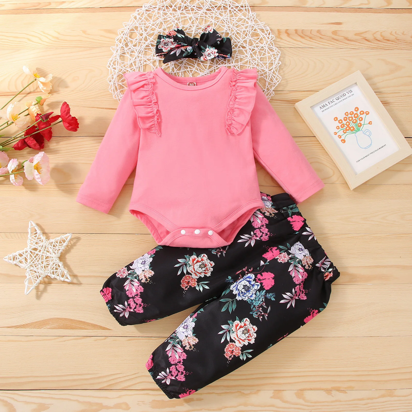 Trousers Fall Winter Newborn Baby Girl Clothes Lounge Set Long Sleeve Top Floral Pants Headband 3 6 12 18 Month Kids Children Outfit