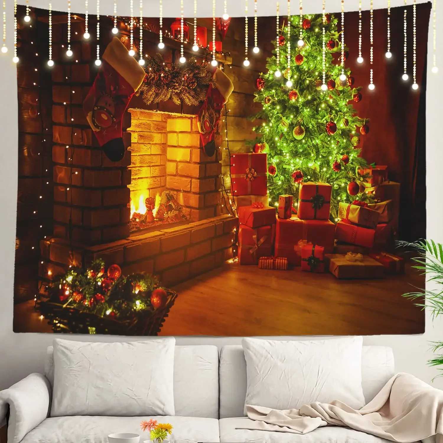 TapestryDecorated Tree Wall Tapestries With Christmas Lights and Gifts Wall Hanging Large Tapestry Polyester för sovsal vardagsrummet R0411