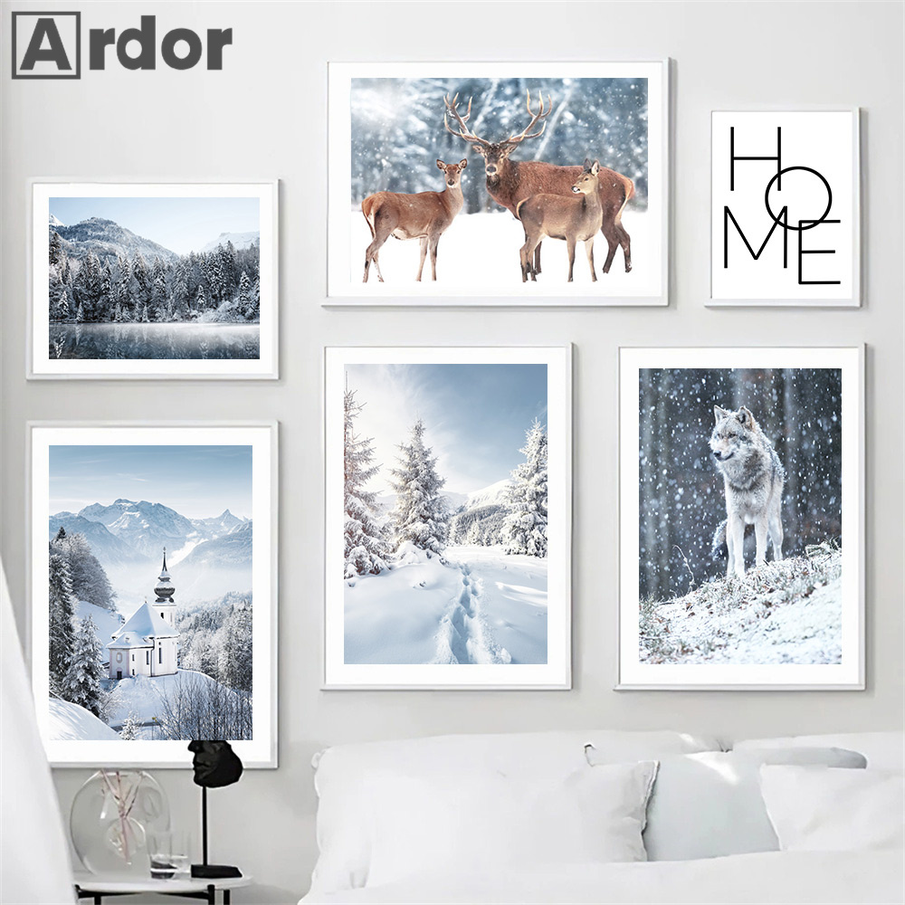 Vinter snö bergskog affischer bridge hjort hytt vägg konst canvas målning nordisk konst tryck bilder vardagsrum heminredning