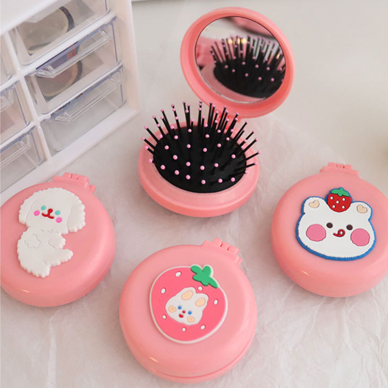 Cute Folding Air Bag Comb with Mirror Kids Mini Head Massager Portable Clamshell Hairbrush School Travel Hair Care Combs Tools