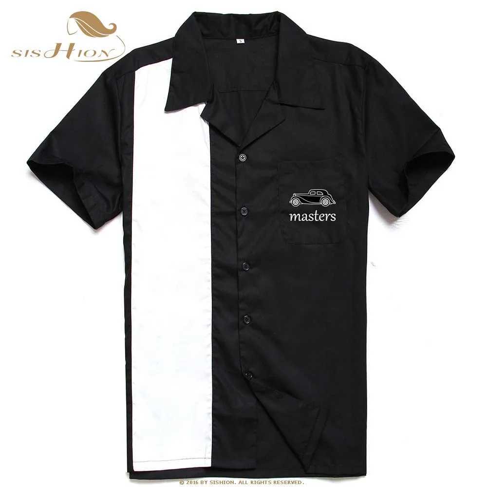 Men's T-Shirts SISHION L-3XL Mens Shirt ST126 Short sleeved Black Red Rockabily Bowling Cotton Mens Casual Shirt J240409