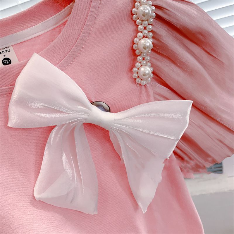 Girls Clothing Set 2023 Summer New Girls Baby Streaming Pearl Short Sleeve T-shirt Yarn Skirt Pants Set for Children