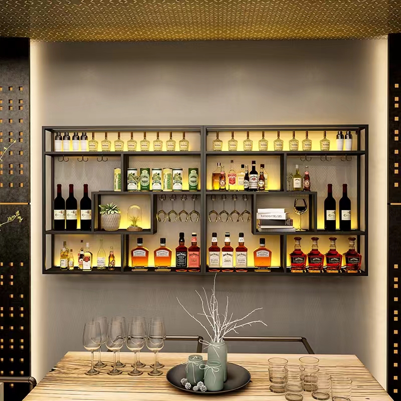 Whisky Holder Wine Racks Storage Free Standing Exibir moderno barra de vinhos bar preto montado em parede Botellero vino bar móveis