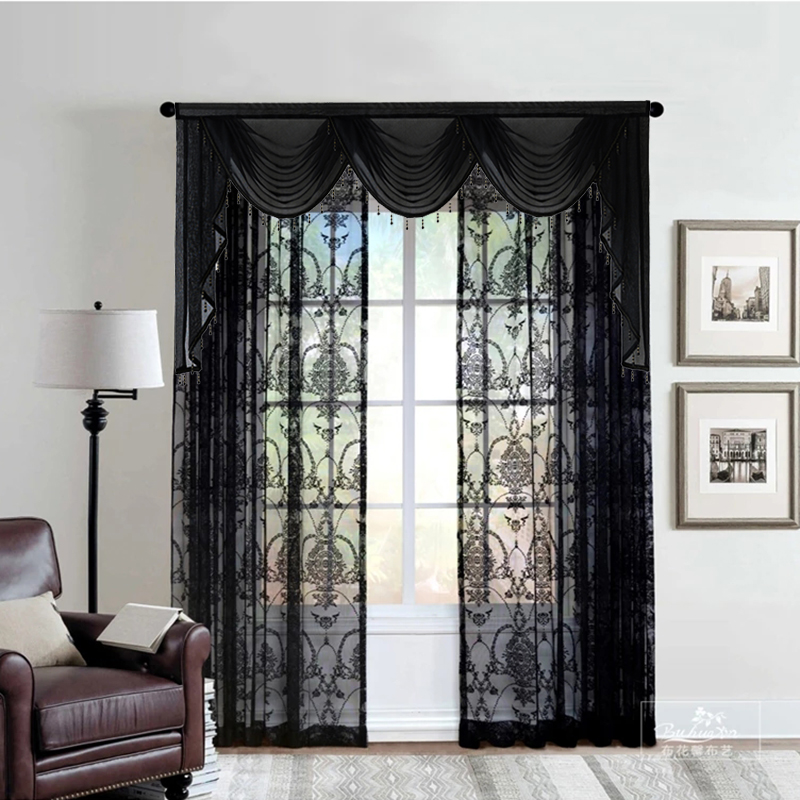 Black Sheer Valance Curtain Luxury Beaded Voile Wavy Waterfall Scallop Curtain Head for Living Room Rod Pocket Top Window Drapes