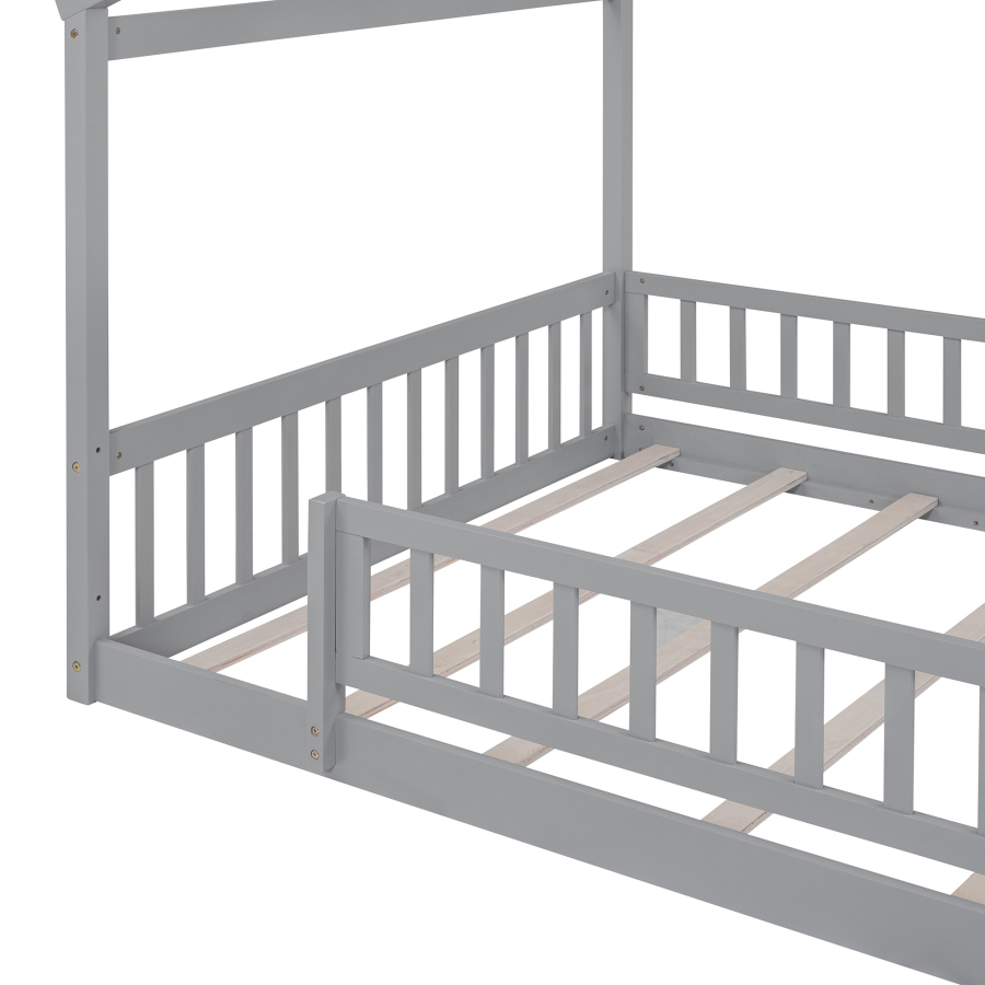 Full Size Wood Bed,House Bed Frame with Fence and roof,Playhouse Design kids bed,simple house bed for Kids,Teens,Girls,Boys