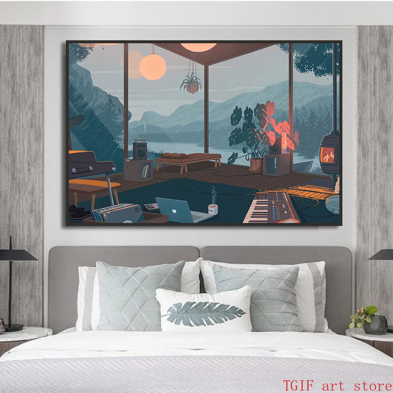 LO-FI Estilo Canvas pintando mulheres e quarto Cidade de Tóquio After Rain Cat Poster Anime japonês |Decoração estética de Sci Fi