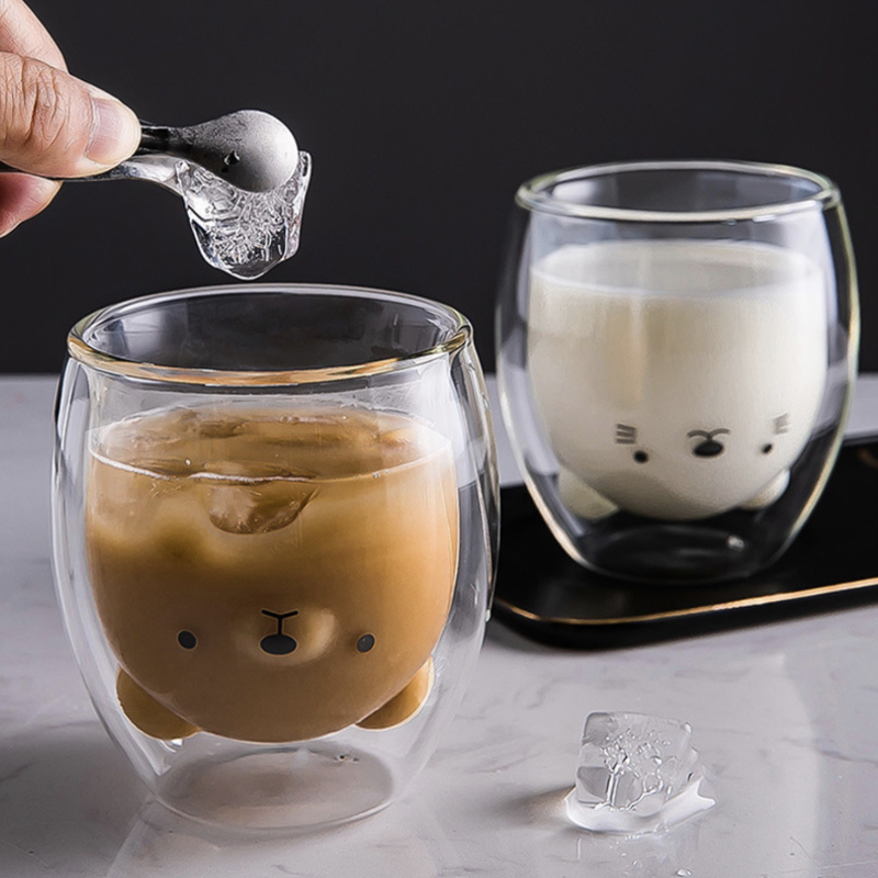 Doppia tazza di bicchiere Qute tazze da caffè orso gatto cane animale trasparente simpatico succo di latte tè bevute tazze di compleanno bicchiere da vino da festa di compleanno