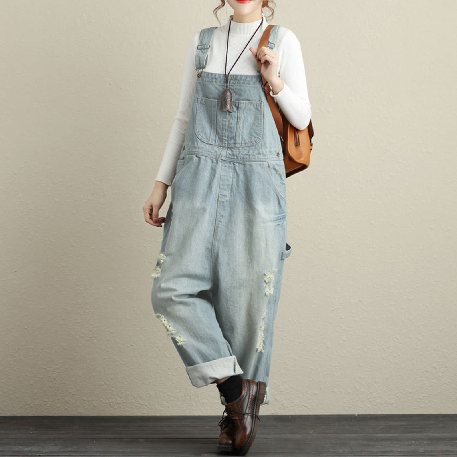 Vintage Streetwear Ripped Jeans Jumpsuit Women Casual Loose Wide Leg Straps Denim Rompers Overalls Female Cargo Baggy Bib Pants