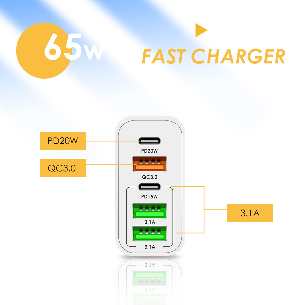 65W USB Fast Charger 4-Port Charger Adapter for iPhone 12 13 14 Pro Max Xiaomi Samsung Huawei Realme EU/US/UK Plug Fast Adapter