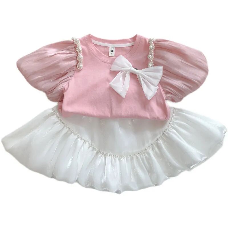 Girls Clothing Set 2023 Summer New Girls Baby Streaming Pearl Short Sleeve T-shirt Yarn Skirt Pants Set for Children