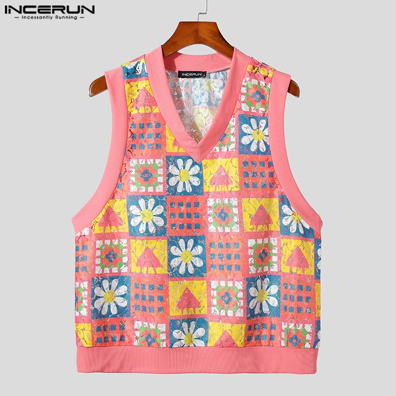 American Style New Mens Tracery Lace Printed Vests Casual Streetwear Male Cropped Loose V-neck Waistcoat S-5XL INCERUN Tops 2023