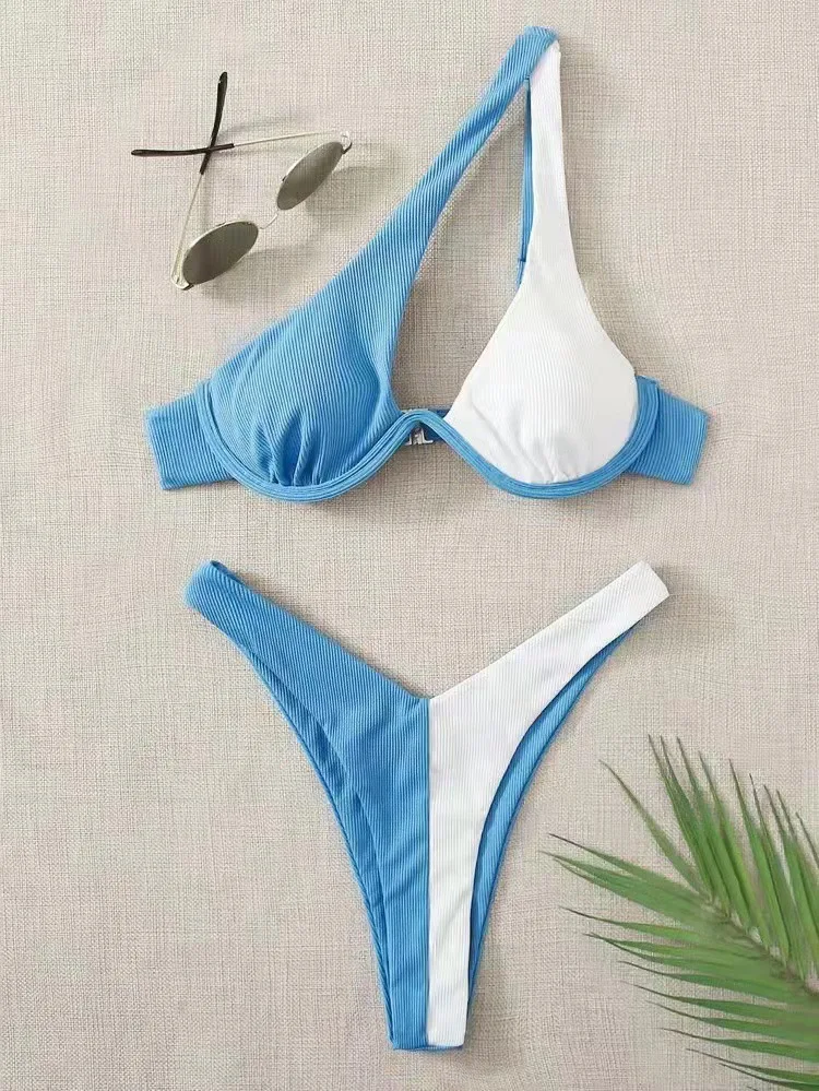 2024 Summer Thong Bikinis Donne Push Up Abitaggio da bagno One Spalla Patchwork Beachwear Swimwear Subwire Tut Out Swim