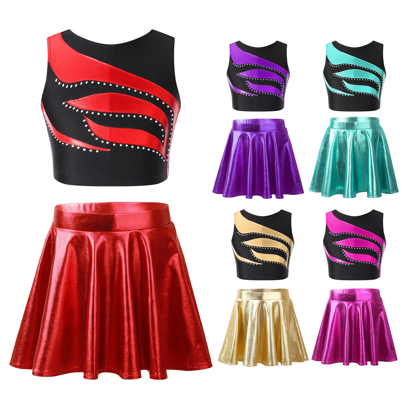 Kids Girls Cheerleading Uniforms Two-Piece Jazz Dance Outfit Children Hip Hop Clothes Set for Dancing Performance Dancewear