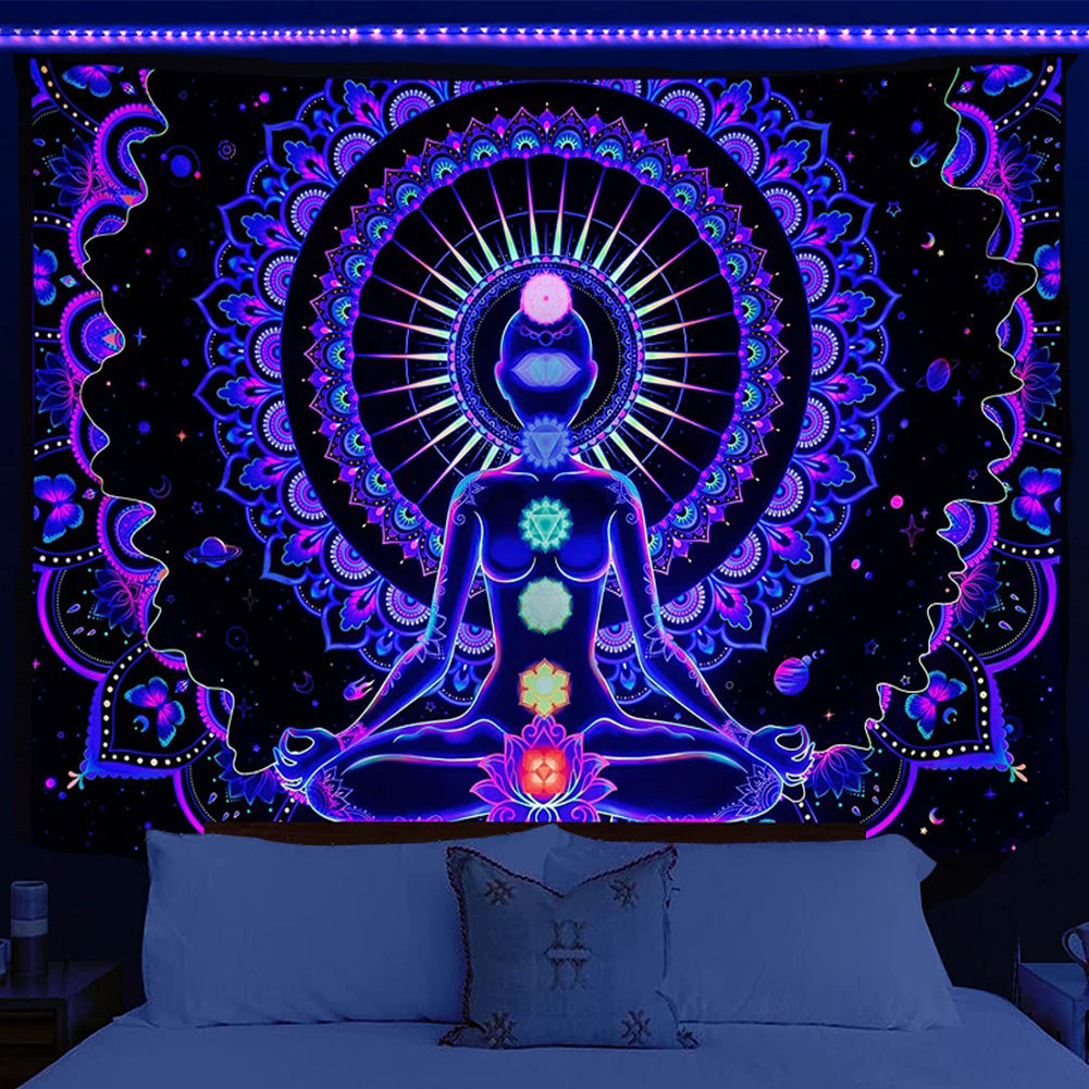 Yoga fluorescerende tapijtwand hangende doek tapijt tapestries kamer decor lumineuze achtergrond esthetische gloed onder ultraviol