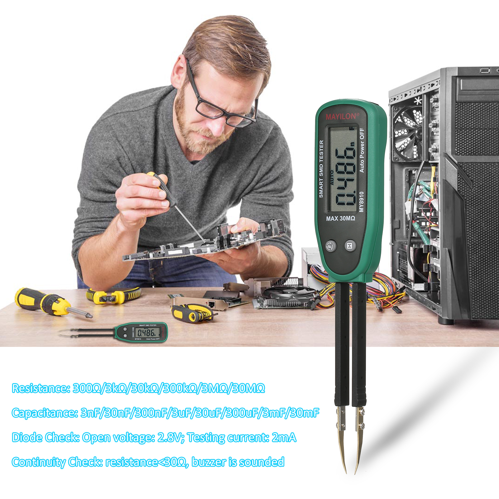 SMART SMD Tester Test Clips Tweezers Weerstand Condensator Pen-type 30mΩ Weerstand en 30MF Capaciteitsmeter 3000 Tellen