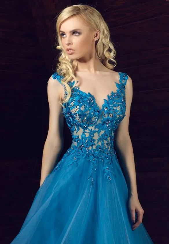 Tony Chaaya 2020 Prom Dresses V Neck Lace Appliques Blue Dress Evening Wear Customized Beaded Sheer Sweep Train Special Occasion Dress