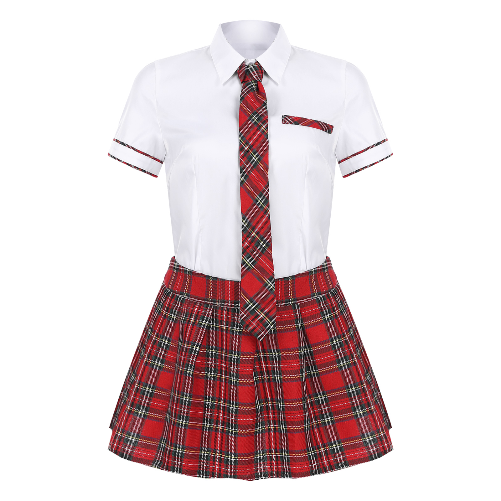 Womens Schoolgirl Cosplay Costume Halloween Party Outfit School Uniform Short Sleeve Shirt with Plaid Skirt And Tie Set