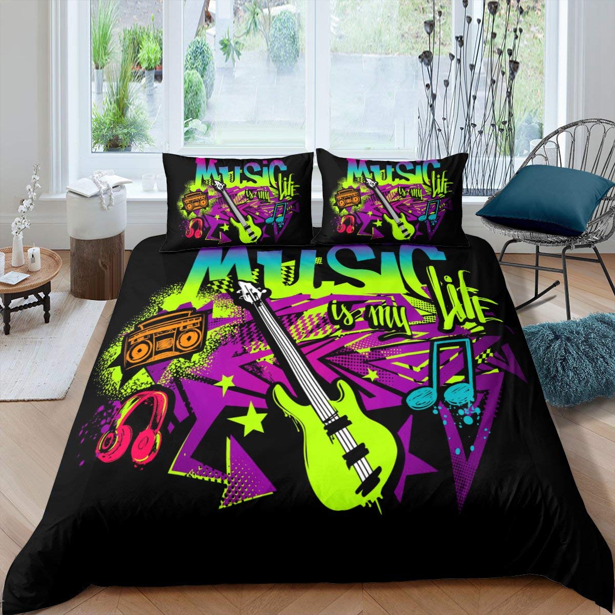 Rock roll music rei queen de cama conjunto fone de ouvido e edredão guitarra