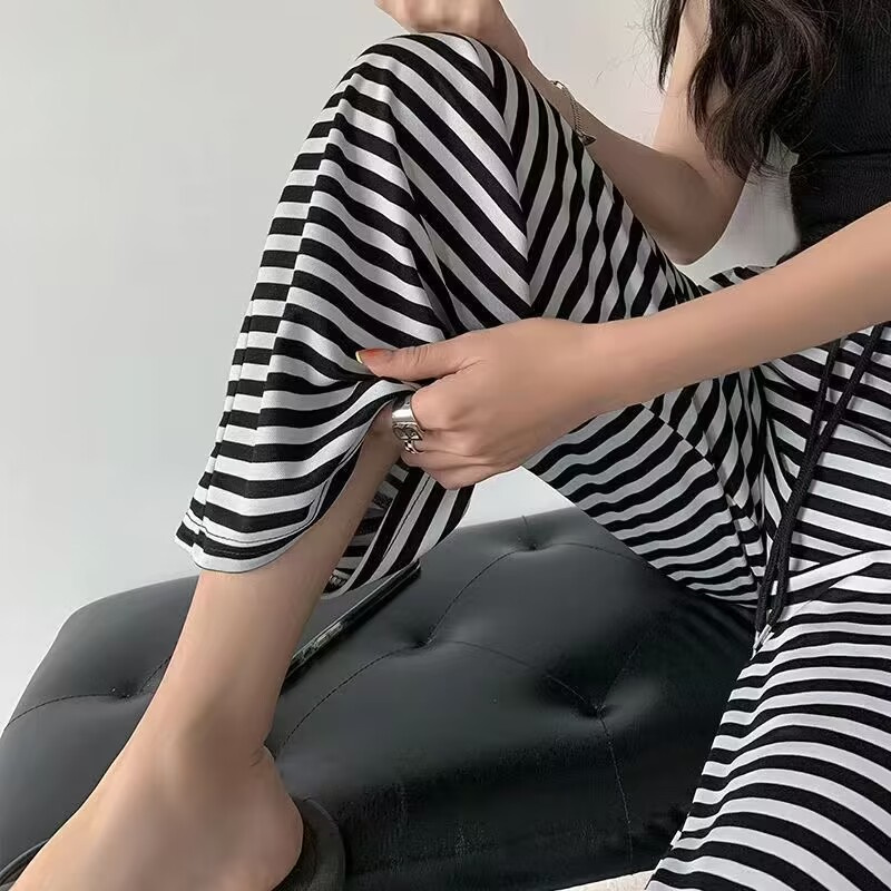 Sexy Stripe Long Pajama Pants Women's Sleepwear with Drawstring Waist Sexy Black Stripe Casual Style - Available in Big Sizes