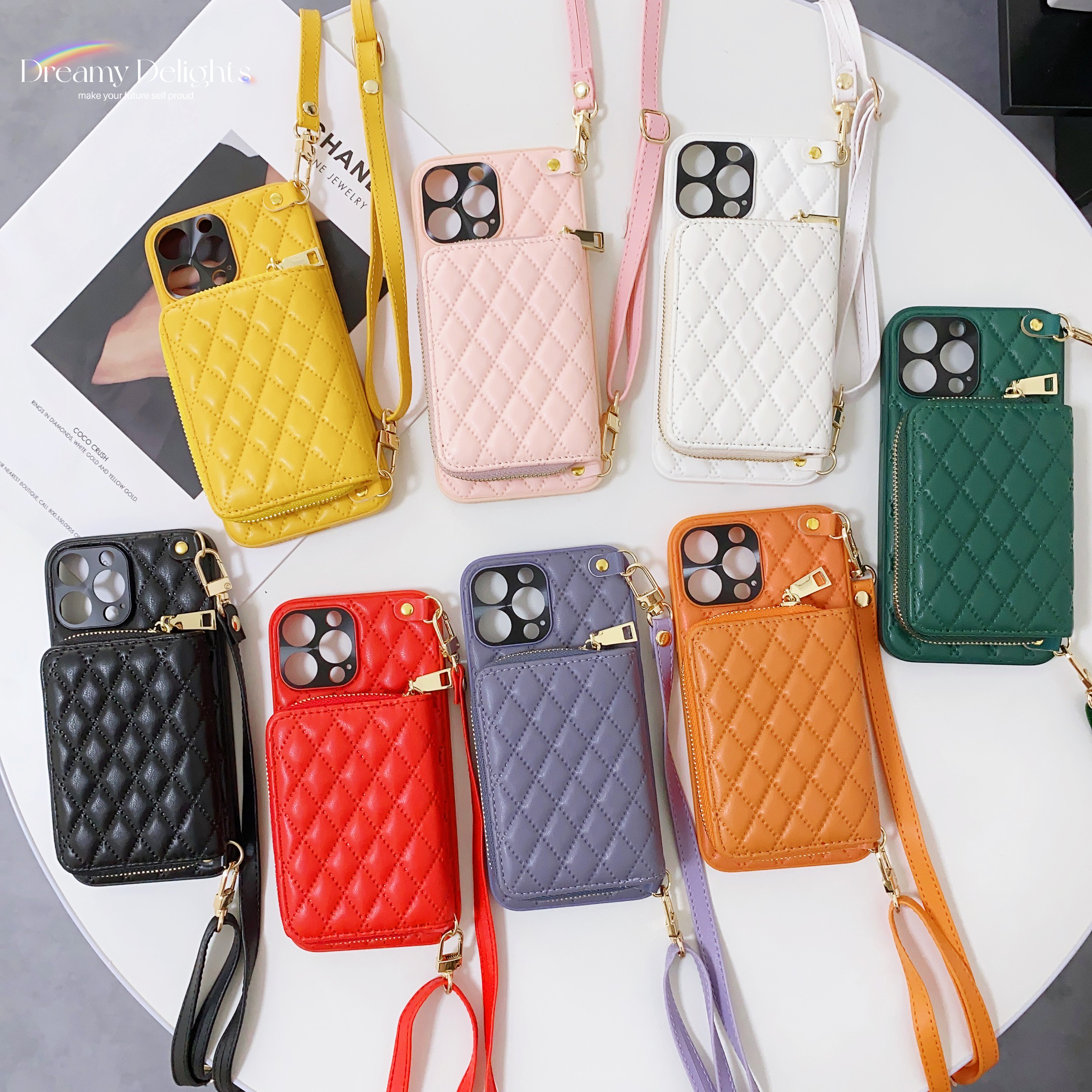 Lanyard Crossbody Rhombic Mini Wallet Shoulder Strap Case för iPhone 15 14 Plus 13 12 11 Pro Max Cover Pu Leather Phone Bag