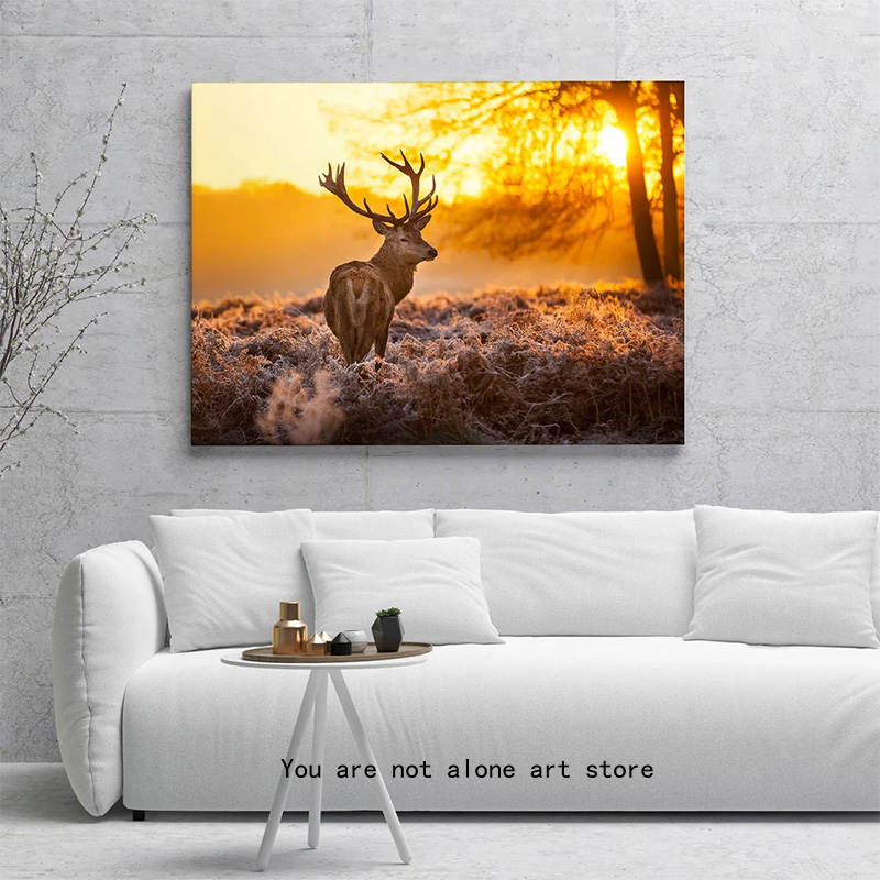 Aniaml cerf dans le soleil du soleil cerf têtes forêt sauvage paysage affiches art toile peinture imprimés muraux