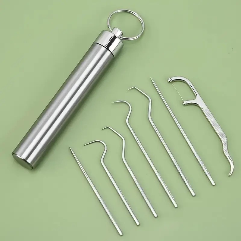 Tandtänder väljer 7 st rostfritt stål tandpetare uppsättning återanvändbara tandfläckar Remover Dental Tool Teeths Rengöringsverktyg med hållare för utomhuspicknick, camping, resor