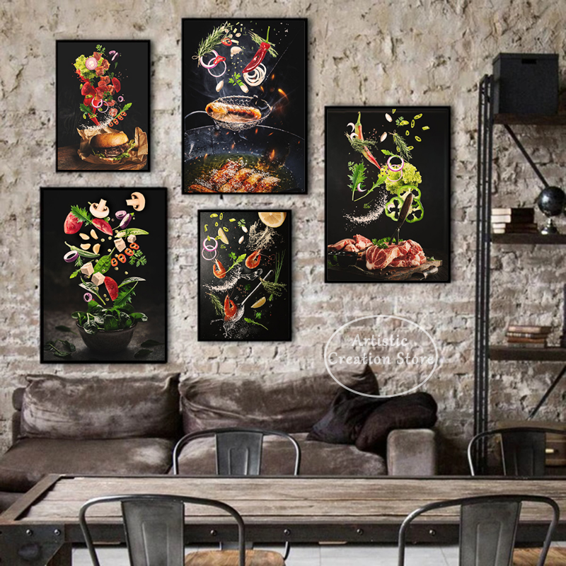 Smakelijk vlees en ingrediënten keukenmuurposter canvas schilderijen pasta noedels vliegende eten muur kunst foto restaurant huisdecor