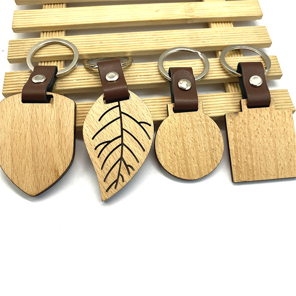 Creative Wooden Leaf Keychain Blank House Shape Keyring Pu Leather Bag Ornaments DIY Accessories Car Trinket Key Holder Charms