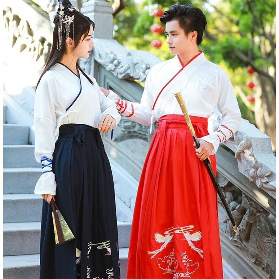 Unisex Adult Martial Style Hanfu Female Traditional Chinese Clothing Cross-Collar Han Suit Male Ancient Cosplay Couple Costume