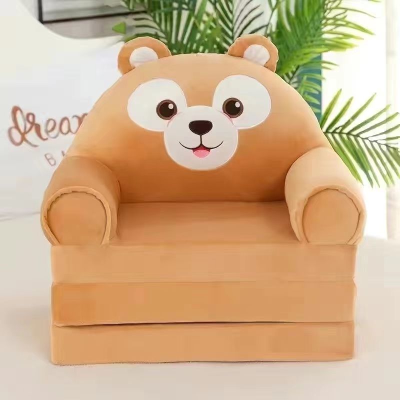 Bear Design Foldable Children Sofa Bed Kids Couch Backrest Armchair Upholstered 2 In 1 Flip Open Infant Seat Living Room Bedroom