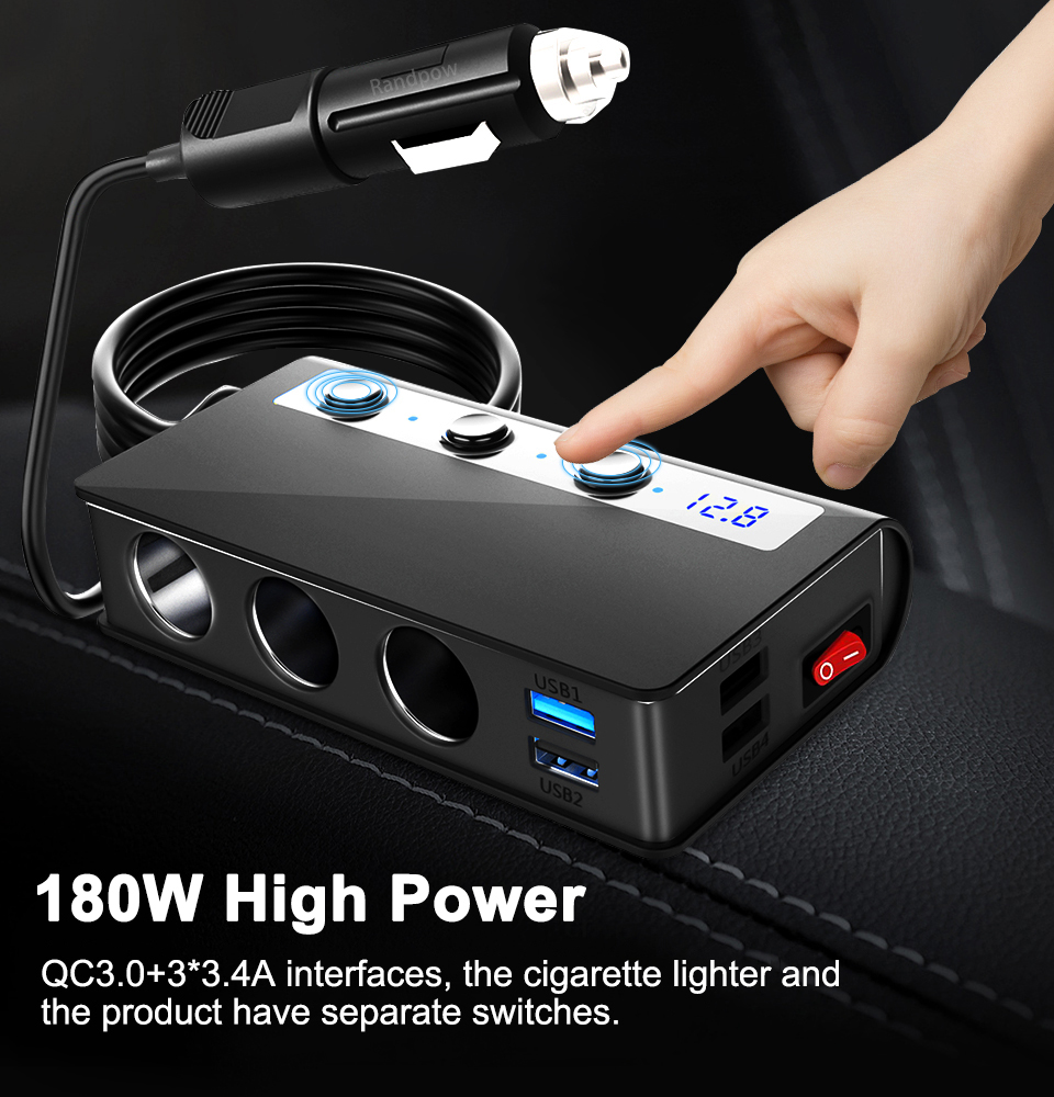 Randpow Leichter QC3.0 4 USB Port Car Ladegerät USB -Ladegerät 180W Zigarette Leichter Adapte Auto Power Adapter Typ C Sockel Splitter