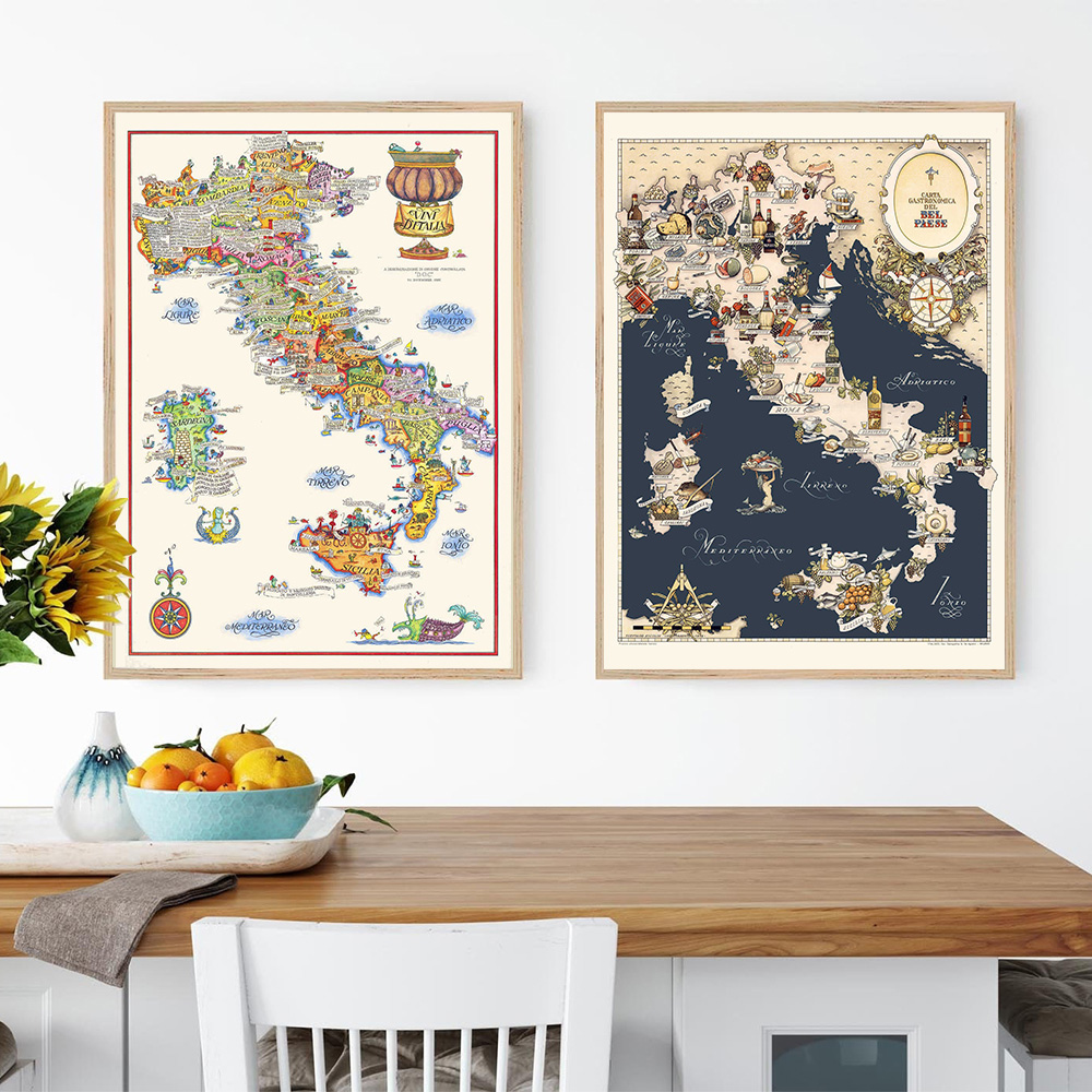 Vintage Mapa Włoch Wines Food Wines Plakat przygodowy i drukuje Europa Retro Canvas Painting Wall Art Picture Bar Dekoracja kuchenna