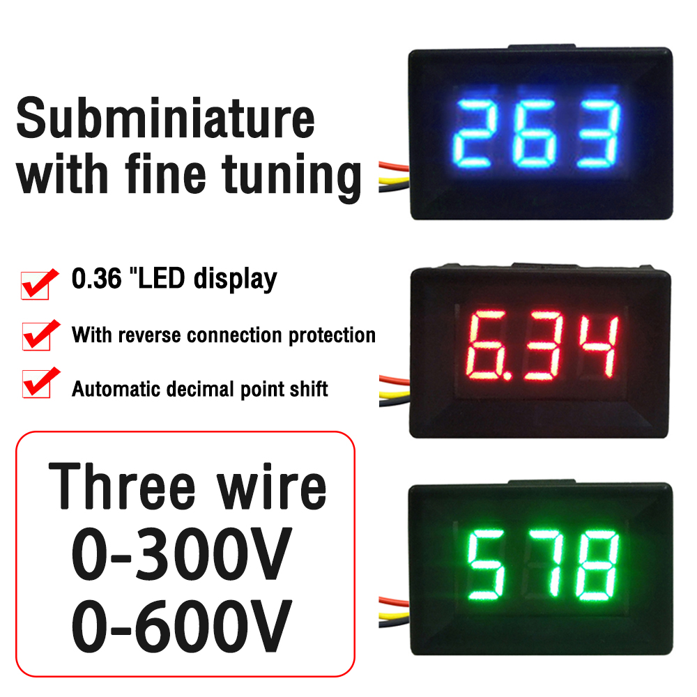 0,36 pouce Voltmètre Voltmètre vert rouge bleu DC 0-300V 0-600V 3 fil à 3 chiffres Affichage de tension LED Tension de tension Testeur Tentage de voiture