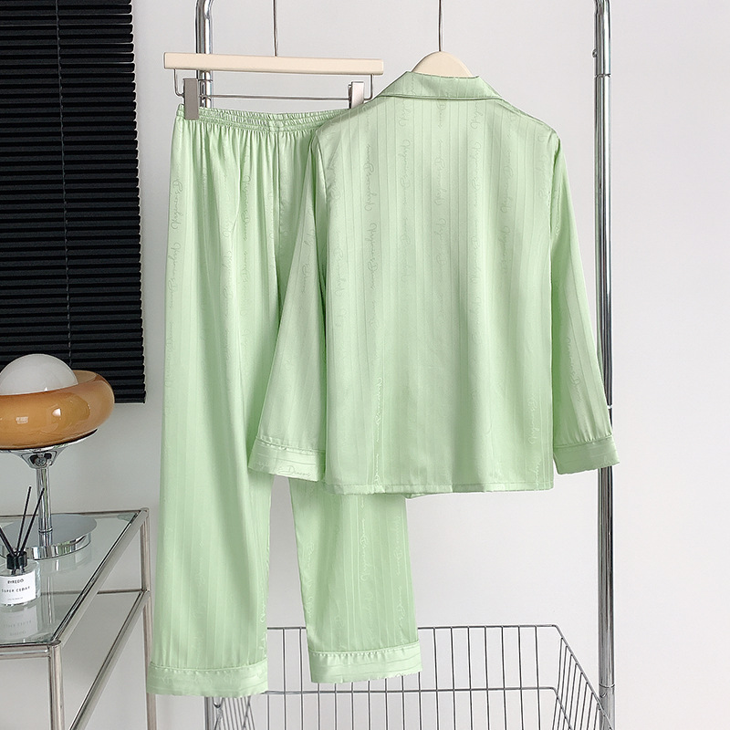 Spring Women Jacquard Satin Pajama Sexy Ice Silk Long Sleeve Shirt Pants Two-Piece Homewear Nightwear