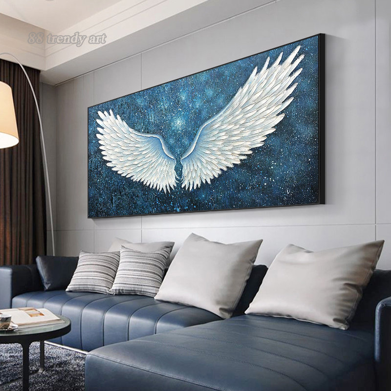 White Angel Wings in the Starry Sky Blue toile Painting d'huile Imprimés Affiches d'art nordique Image d'art mural nordique pour le salon